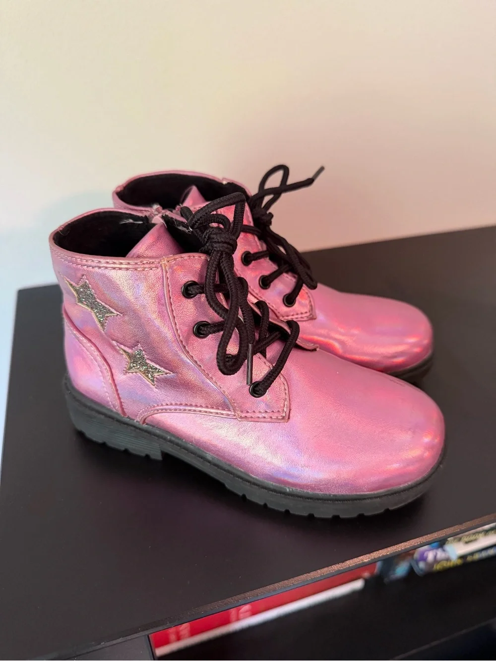 Blowfish Malibu Kids - size 12 Pink Holographic Lace-Up Boots with Star Accent